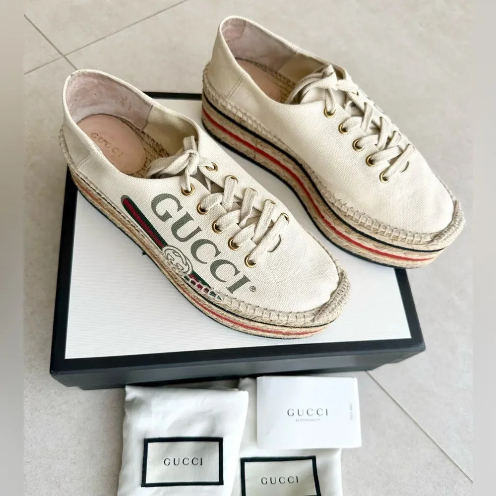 Gucci Cream Canvas Logo Lace-Up Platform Espadrilles Sz 38.5 Collapsible Heels